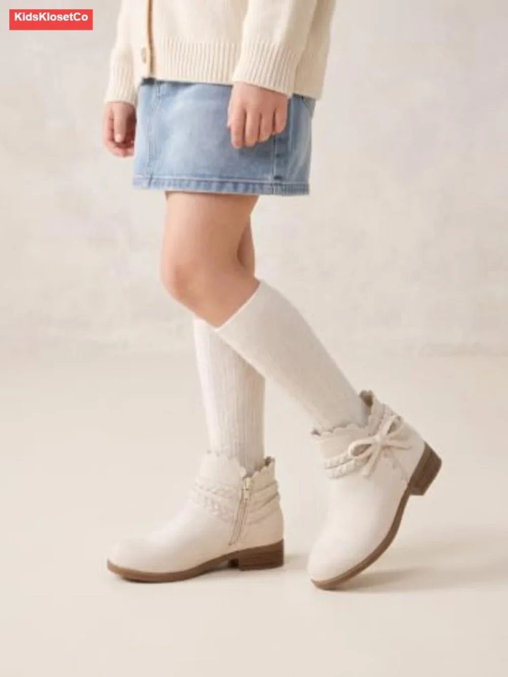 Girls Faux Suede Ankle Boots Bow Braided Strap Low Heel Zip Dress Shoes
